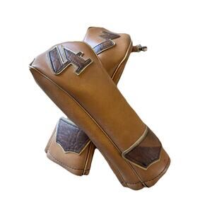 Vtg Spalding Golf Club Head Covers #3 #4 Tan Faux Leather Vinyl USA Retro Sporty